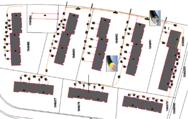 Figure 1: Example of a local heating network for a district with 8 buildings, 125 units, and 8 400 m² floor space.With two extra floors extension 208 WE, 14 000 m² Tube length route 850 m Branch lines 270 m Risers 365 m (with extension 607 m) Tflow 55...65 °C For variants see Figure 2