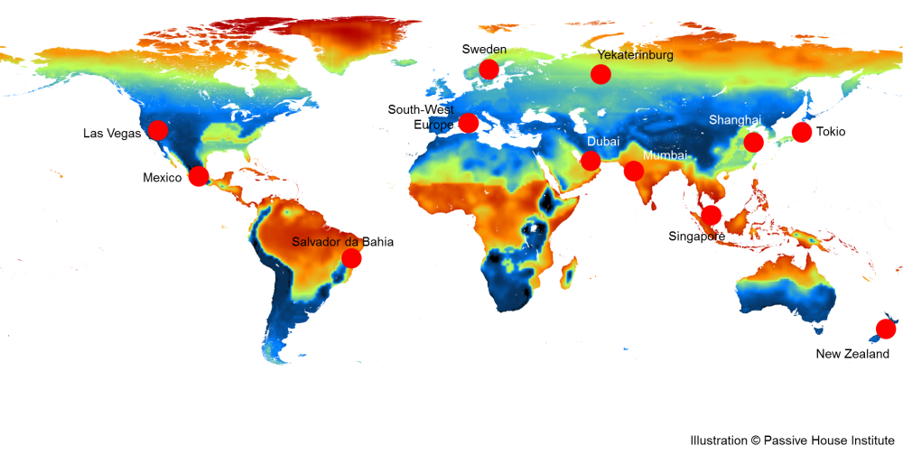  **The principle remains the same - the details have to be adapted.**  This statement can be taken as the general rule governing the design of Passive Houses in all climates around the globe. This maps shows you, which places on earth - apart from Central-Europe with its cool-temperate climate - have already been investigated by the Passive House Institute with a focus on the construction of Passive Houses. 